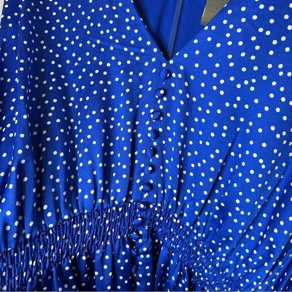 BNWT Taylor Blue Ivory Polka Dot V-Neck Elbow Tie Sleeve Smocked Maxi Dress 22W - Picture 3 of 12